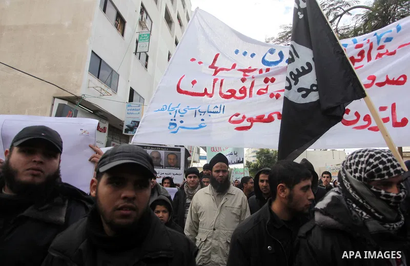 Palestinian Salafists shout during a protest against satirical French weekly magazine Charlie Hebdo's cartoons of the Prophet Mohammad, in Gaza city January 19, 2015. Dozens of Jihadist Salafi men rallied in Gaza on Mond...
