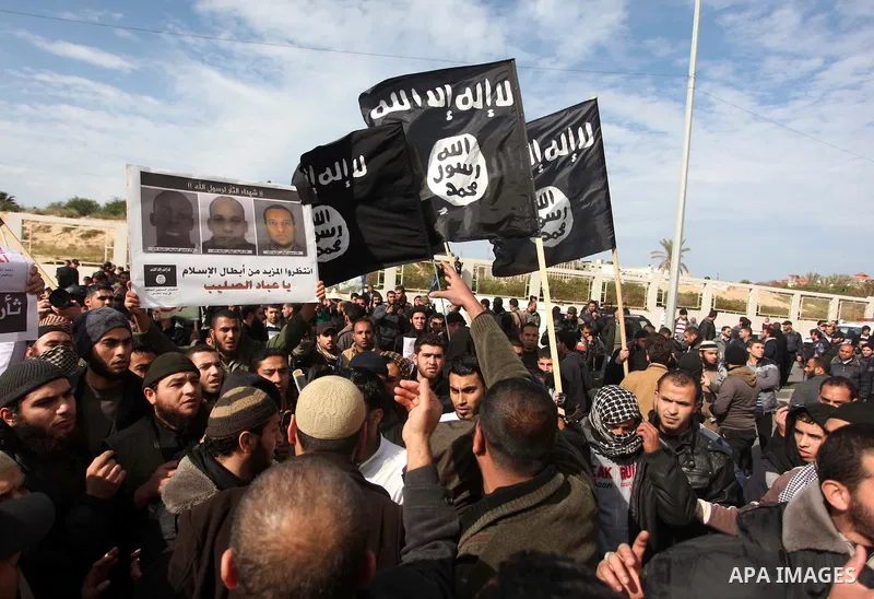 Palestinian Salafists take part in a protest against satirical French weekly magazine Charlie Hebdo's cartoons of the Prophet Mohammad, outside the French Cultural Centre in Gaza city January 19, 2015. Dozens of Jihadist...