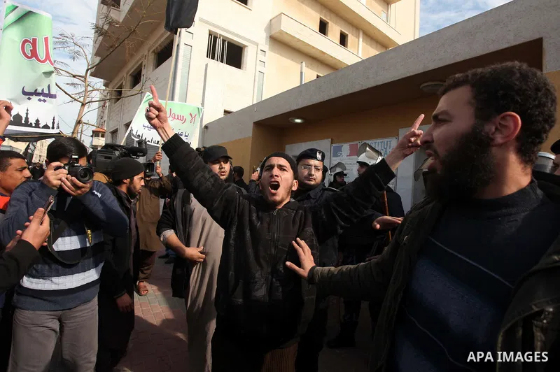 Palestinian Salafists take part in a protest against satirical French weekly magazine Charlie Hebdo's cartoons of the Prophet Mohammad, outside the French Cultural Centre in Gaza city January 19, 2015. Dozens of Jihadist...