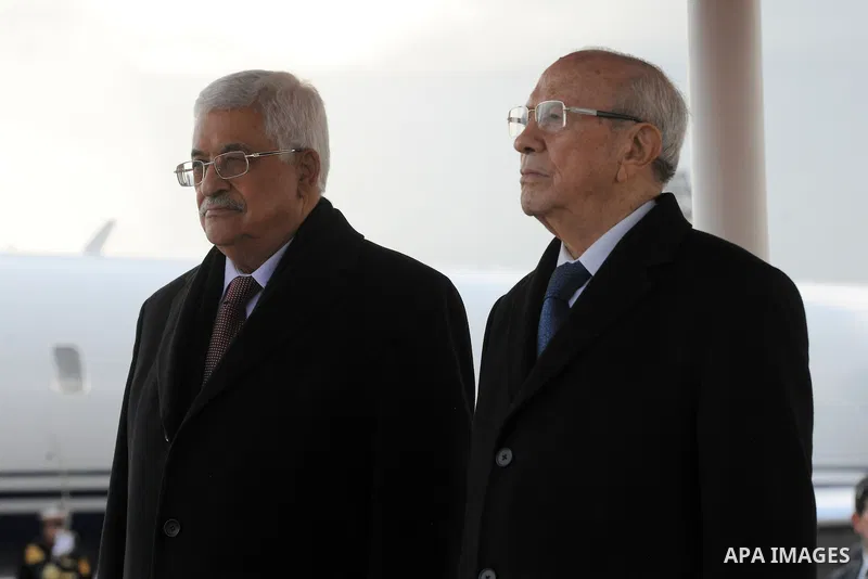 Tunisia's President Beji Caid Essebsi (R) and his Palestinian counterpart Mahmoud Abbas review the honour guard in Tunis January 22, 2015. Photo by Thaer Ganaim