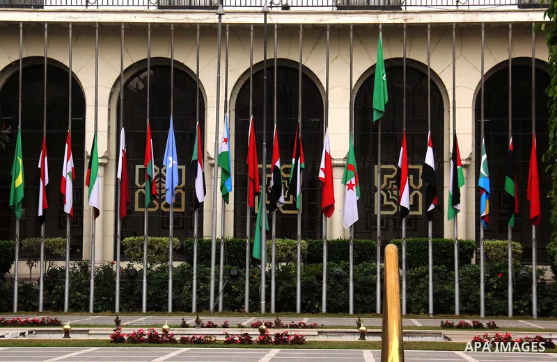 Arab countries flags fly at half mast at the Arab League headquarters to mourn the King of Saudi Arabia Abdullah bin Abdul Aziz, in Cairo on January 23, 2015. Saudi Arabia's elderly King Abdullah died on January 23, 2015...