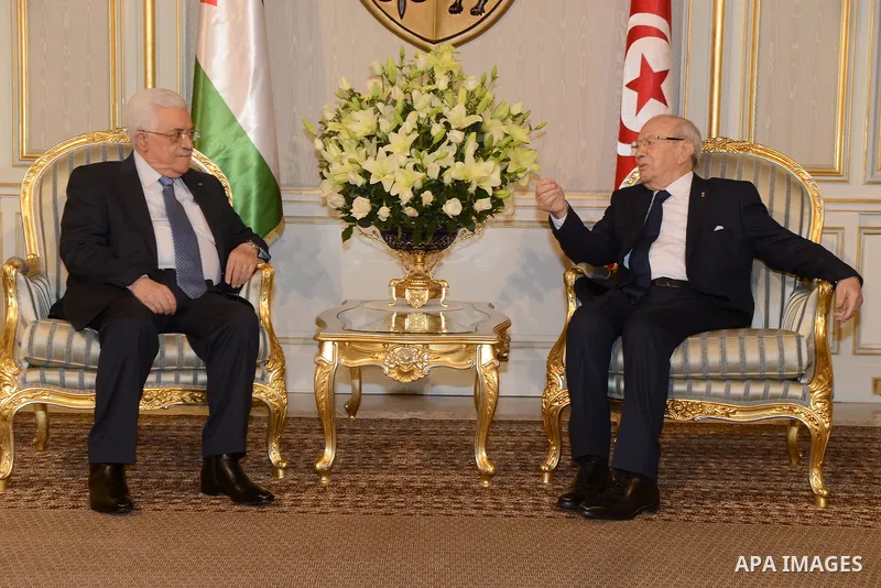 Palestinian president Mahmud Abbas meets with Tunisian President Beji Caid Essebsi on January 23, 2015 the Carthage Palace in Tunis. Abbas is on a three-day official visit to Tunisia notably to discuss the latest develop...