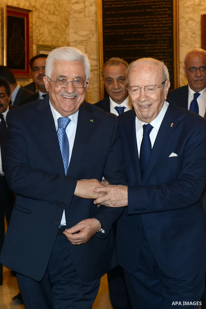 Palestinian president Mahmud Abbas meets with Tunisian President Beji Caid Essebsi on January 23, 2015 the Carthage Palace in Tunis. Abbas is on a three-day official visit to Tunisia notably to discuss the latest develop...