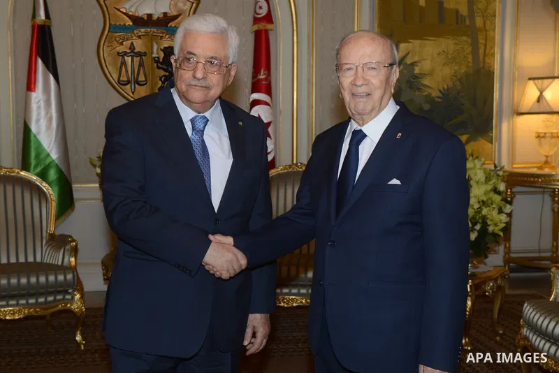 Palestinian president Mahmud Abbas meets with Tunisian President Beji Caid Essebsi on January 23, 2015 the Carthage Palace in Tunis. Abbas is on a three-day official visit to Tunisia notably to discuss the latest develop...