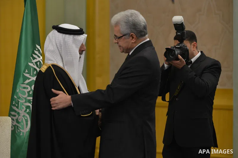 Ambassador of Saudi Arabia Ahmed Qattan with Hamdeen Sabbahi, Egyptian former leftist presidential candidate attend a funeral of Saudi Arabia's King Abdullah at Saudi Arabia Embassy, in Cairo, on January 24, 2015. Saudi...
