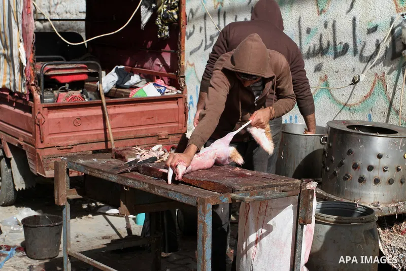 A Palestinian man cleans chicken meat at a poultry shop in Rafah in the southern Gaza Strip on January 24, 2015. Photo by Abed Rahim Khatib