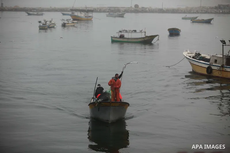 Palestinian fishermen ride their boats into the water in the port of Gaza City on January 25, 2015. Israel's navy opened fire at fishing boats off the coast of the Gaza Strip on January 21, 2015 wounding two Palestinian...