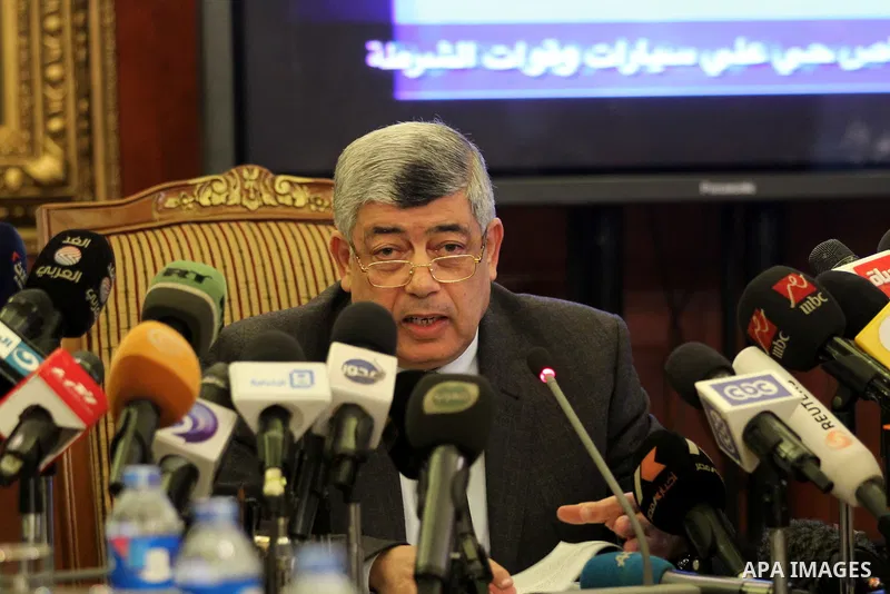 Egypt's Interior Minister Mohammed Ibrahim speaks during a press conference in Cairo, January 26, 2015. Ibrahim offered his condolences to 32-year-old Shaimaa el-Sabagh's family during a news conference carried live on m...