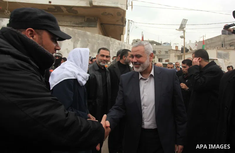 Senior Hamas leader Ismail Haniyeh attends a protest in support of the Prophet Mohammed in Gaza City on January 27, 2015. Photo by Ashraf Amra