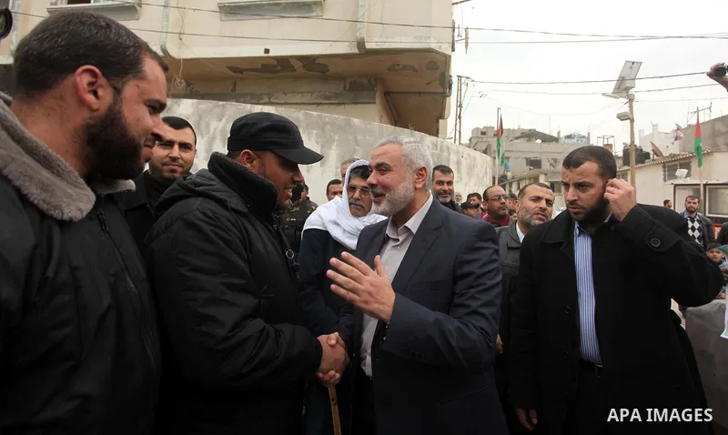 Senior Hamas leader Ismail Haniyeh attends a protest in support of the Prophet Mohammed in Gaza City on January 27, 2015. Photo by Ashraf Amra