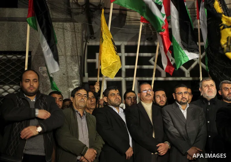 Leaders and supporters of Palestinian movements and parties in the Gaza Strip take part in a rally organised by Islamic Jihad movement to show solidarity with Lebanese Hezbollah group, in Gaza city on January 28, 2015. T...