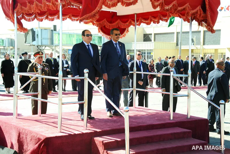 A handout picture made available by the Office of the Egyptian President shows Ethiopian Foreign Minister, Tedros Adhanom Ghebreyesus (R), and Egyptian President, Abdel Fattah al-Sisi (L), reviewing the honor guard short...