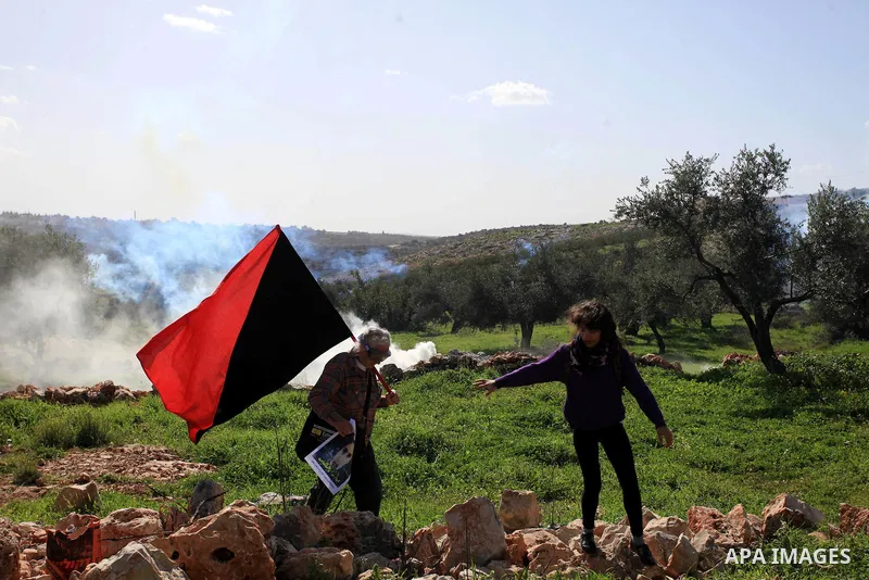 Protesters run for cover from tear gas fired by Israeli security forces during clashes following a protest against the arrest of 14-year-old girl Malak al-Khatib, in the West Bank village of Bilin west of Ramallah, on Ja...