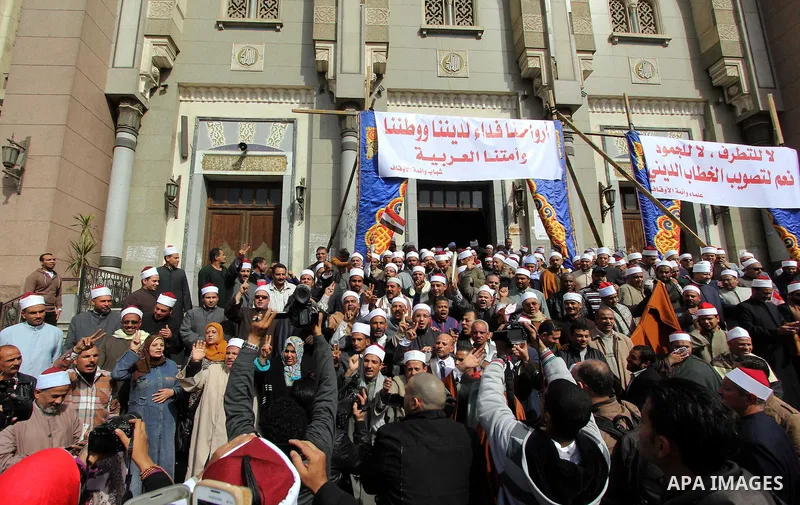 Egyptian clerics from Al-Azhar institution rally to denounce terrorism and show solidarity with the Egyptian government and security forces at a mosque in central, Cairo, February 3, 2015. Egyptian President Abdel Fattah...