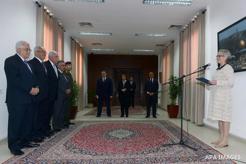 Palestinian President Mahmoud Abbas accepts the credentials of Finnish Ambassador to Palestine, in the West Bank city of Ramallah February 3, 2015. Photo by Thaer Ganaim