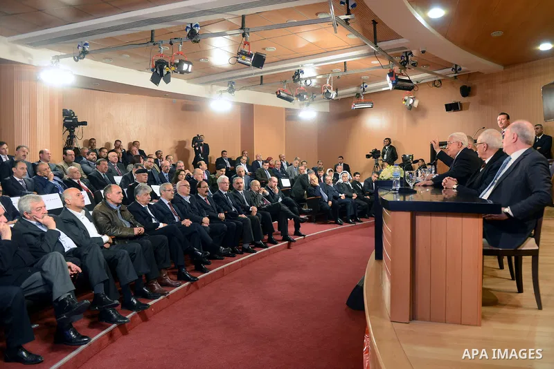 Palestinian President Mahmoud Abbas attends the opening ceremony of the radio-television authority building, in the West Bank city of Ramallah, February 4, 2015. Photo by Thaer Ganaim
