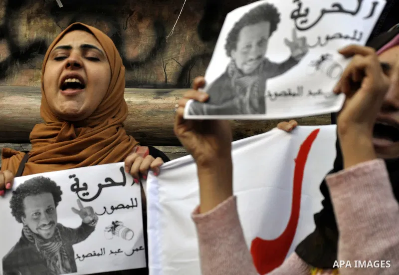 Egyptian journalists and photo-journalists take part in a protest in front of their syndicate in Cairo on February 4, 2015, to demand the release of their detained colleagues. Since the army ousted Islamist president Moh...