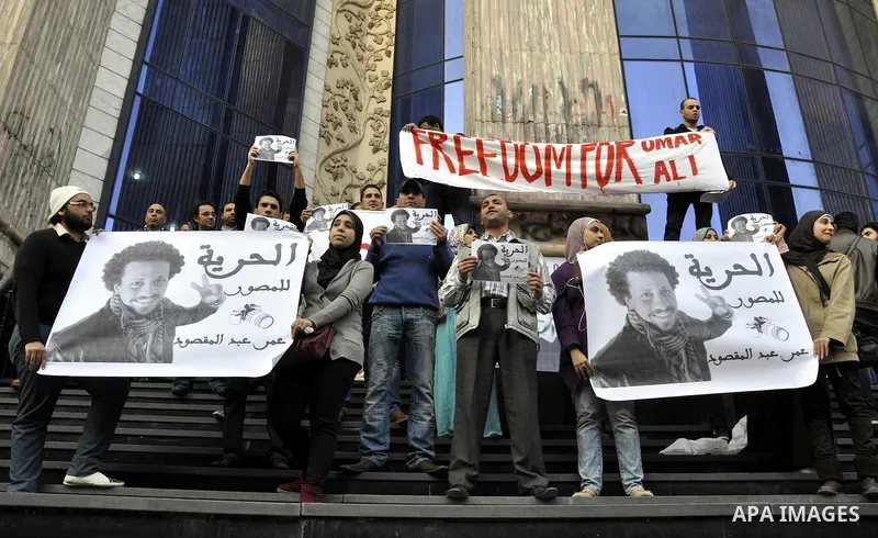 Egyptian journalists and photo-journalists take part in a protest in front of their syndicate in Cairo on February 4, 2015, to demand the release of their detained colleagues. Since the army ousted Islamist president Moh...