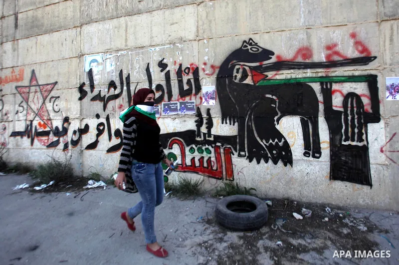 A masked Palestinian woman walks past slogans on a wall during a protest at the scene where Ahmed al-Najjar by Israeli soldiers on January 30, 2015, in the West Bank village of Burin, near Nablus on February 7, 2015. Loc...