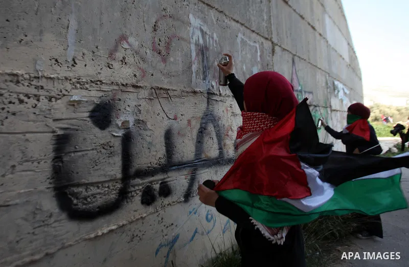 A Palestinian woman writes slogans on the wall during a protest at the scene where Ahmed al-Najjar by Israeli soldiers on January 30, 2015, in the West Bank village of Burin, near Nablus on February 7, 2015. Local source...