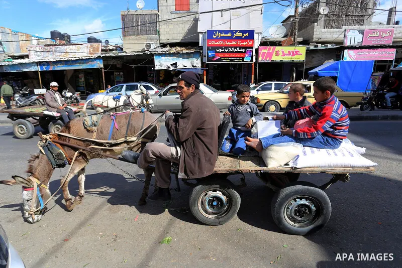 Palestinian children sit on on a donkey cart after recieve food aid from a United Nations distribution center (UNRWA) in the Rafah refugee camp, in southern Gaza Strip on February 8, 2015. UN Secretary General Ban Ki-moo...