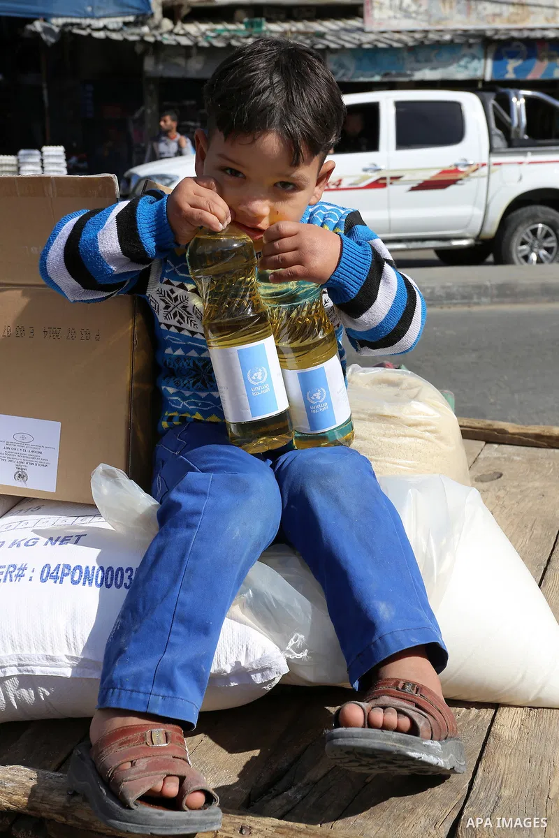 A Palestinian boy sits on on a donkey cart after recieve food aid from a United Nations distribution center (UNRWA) in the Rafah refugee camp, in southern Gaza Strip on February 8, 2015. UN Secretary General Ban Ki-moon...