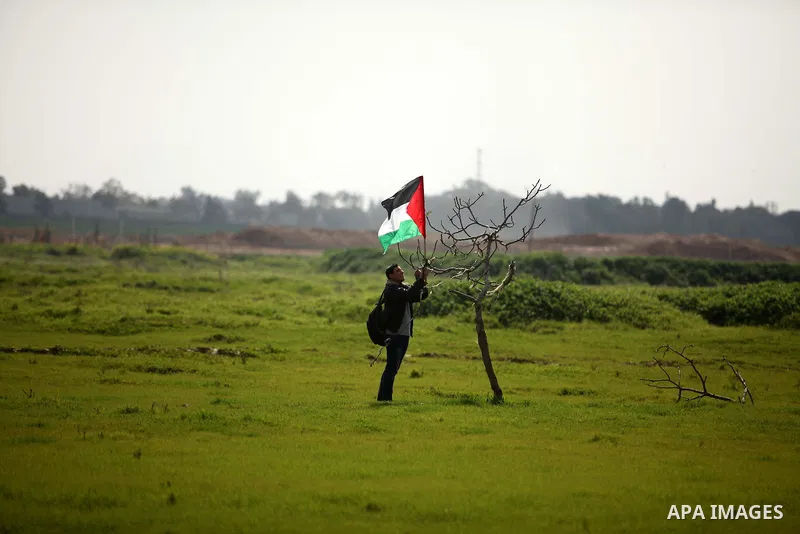 A Palestinian protestor waves his national flags during a protest against the Israeli siege on Gaza strip near the Nahal Oz crossing east of Gaza City on February 09, 2015. Photo by Ashraf Amra