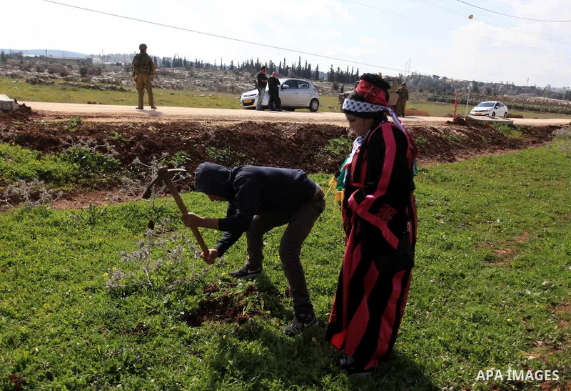 Palestinian protesters place an olive tree branch and a Palestinian flag on a piece of land during a protest against what Palestinians say is land confiscation for Jewish settlements, in the West Bank village of Silwad n...