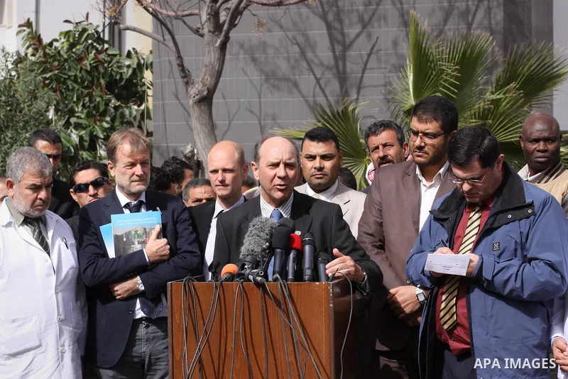 James Rawley, the UN’s Resident and Humanitarian Coordinator, speeks during a press conference during hi visiting at El-Shifa hospital, in Gaza city on February 10, 2015. Photo by Ashraf Amra