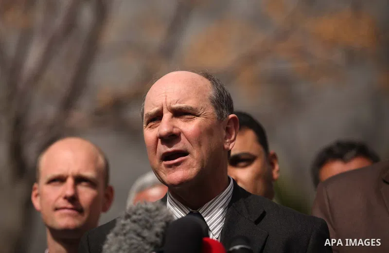 James Rawley, the UN’s Resident and Humanitarian Coordinator, speeks during a press conference during his visiting at El-Shifa hospital, in Gaza city on February 10, 2015. Photo by Ashraf Amra