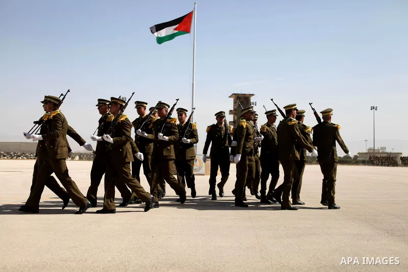 Members of the Palestinian presidential guard march during a training session in the West Bank city of Jericho February 10, 2015. Photo by Shadi Hatem