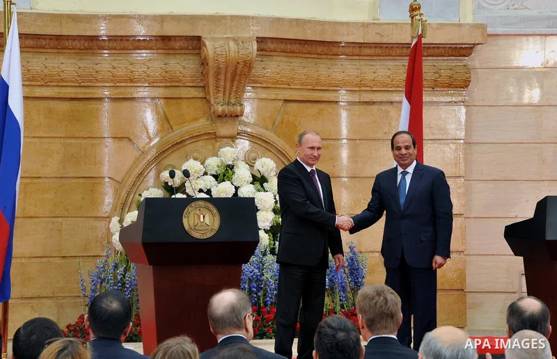 Russian President Vladimir Putin and Egyptian President Abdel-Fattah al-Sisi attend a joint press conference after their meeting in Koba Palace, Cairo, Egypt, on Feb. 10, 2015. Egyptian President Abdel-Fattah al-Sisi and...