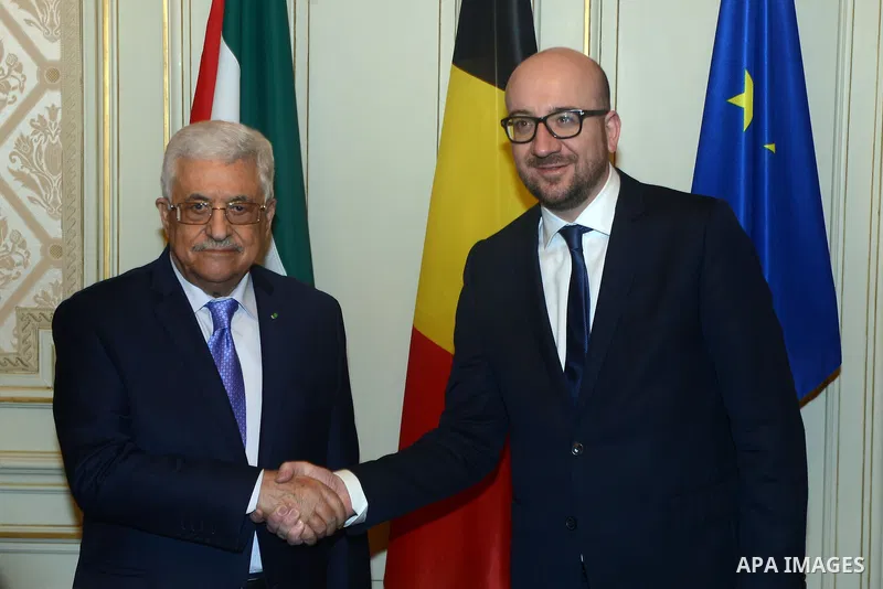 Palestinian President, Mahmoud Abbas meets with the Prime Minister of Belgium, Charles Michel in Brussels on February 11, 2015. Photo by Thaer Ganaim