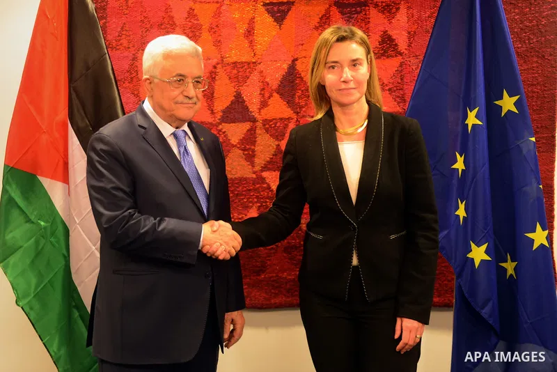 Palestinian President, Mahmoud Abbas meets with the High Representative for Foreign Policy of the European Union, Ms. Mogerena, in Brussels on February 11, 2015. Photo by Thaer Ganaim