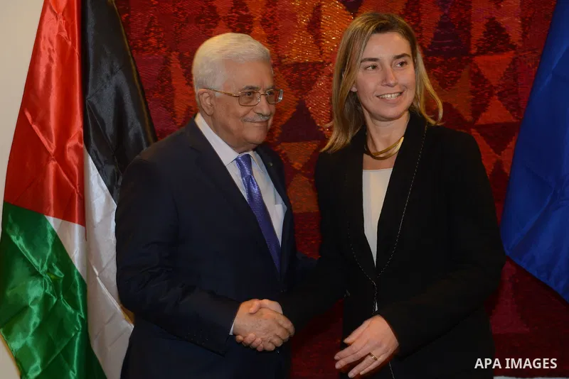 Palestinian President, Mahmoud Abbas meets with the High Representative for Foreign Policy of the European Union, Ms. Mogerena, in Brussels on February 11, 2015. Photo by Thaer Ganaim