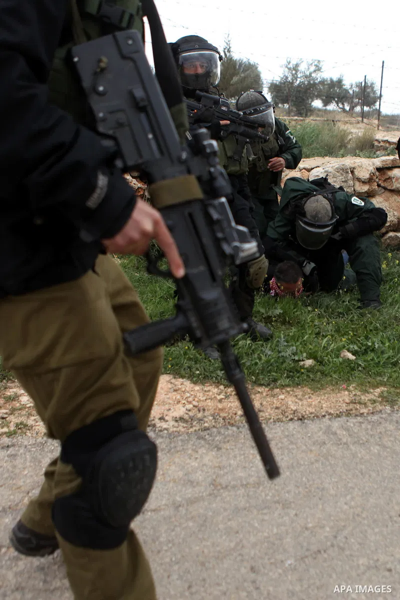 A Palestinian protester lies on the ground as he is detained by Israeli police and soldiers during clashes following a demonstration against Jewish settlements in the West Bank village of Bilin, near Ramallah February 13...