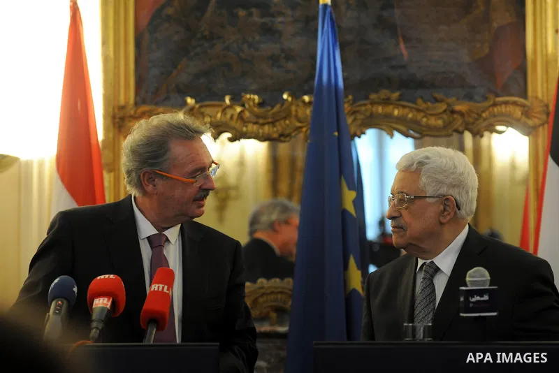 Palestinian President Mahmoud Abbas meets with Luxembourg's Minister of Foreign Affairs Jean Asselborn, in Luxembourg on February 13, 2015. Photo by Thaer Ganaim