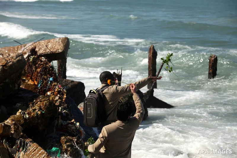 Palestinians throw flowers into the sea, in remembrance of the Chapel Hill shooting victims, in Gaza City, February 14, 2015. Three young Muslims were gunned down in Chapel Hill, North Carolina, this week. Newlywed Deah...