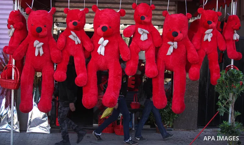 A Palestinian vendor displays flowers red teddy bears and pillows on Valentine's day in Gaza on February 14, 2015. Valentine's Day is increasingly popular in the region as people have taken up the custom of giving flower...