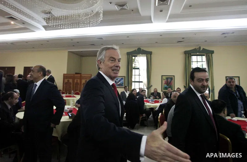 Quartet Representative to the Middle East and former British Prime Minister, Tony Blair, meets with Palestinian businessmen, in Gaza City, February 15, 2015. Photo by Ashraf Amra