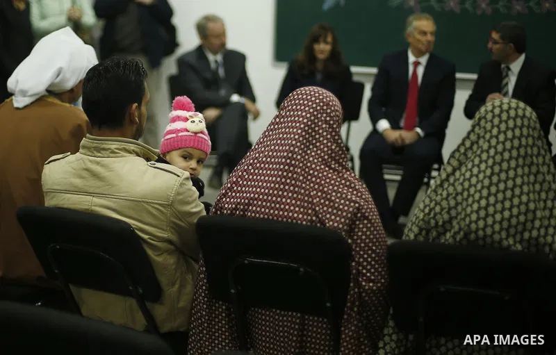 Quartet Representative to the Middle East and former British Prime Minister, Tony Blair, visits a UN-run school sheltering Palestinians, whose houses were destroyed by what they said was Israeli shelling during a 50-day...