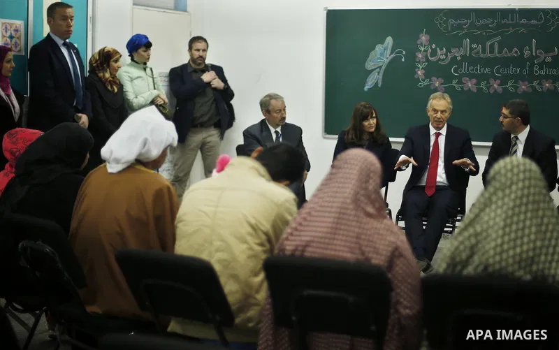 Quartet Representative to the Middle East and former British Prime Minister, Tony Blair, visits a UN-run school sheltering Palestinians, whose houses were destroyed by what they said was Israeli shelling during a 50-day...