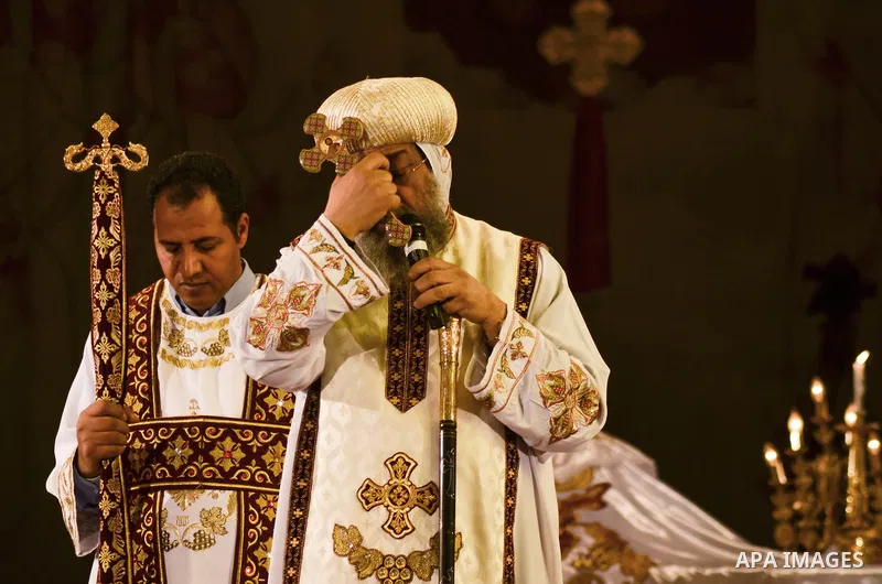 Egypt's Coptic Pope Tawadros II leads a mass to honor the memory of the Egyptian Coptic Christians murdered by Islamic State (IS) group militants in Libya, at Saint-Mark's Coptic Cathedral in Cairo's al-Abbassiya distric...