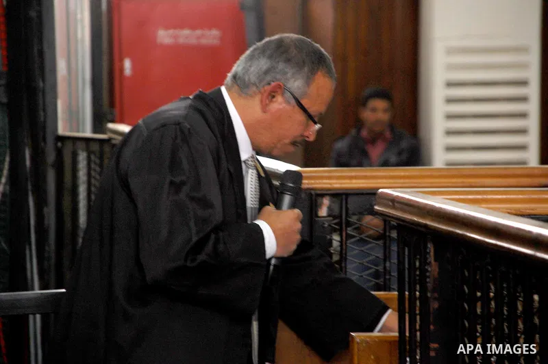 A lawyer speaks to judges during the trial of suspects in the "Rabaa Operation Room" case, in Cairo on February 12, 2015. The prosecution accused the defendants of several charges relating to preparation of an operation...