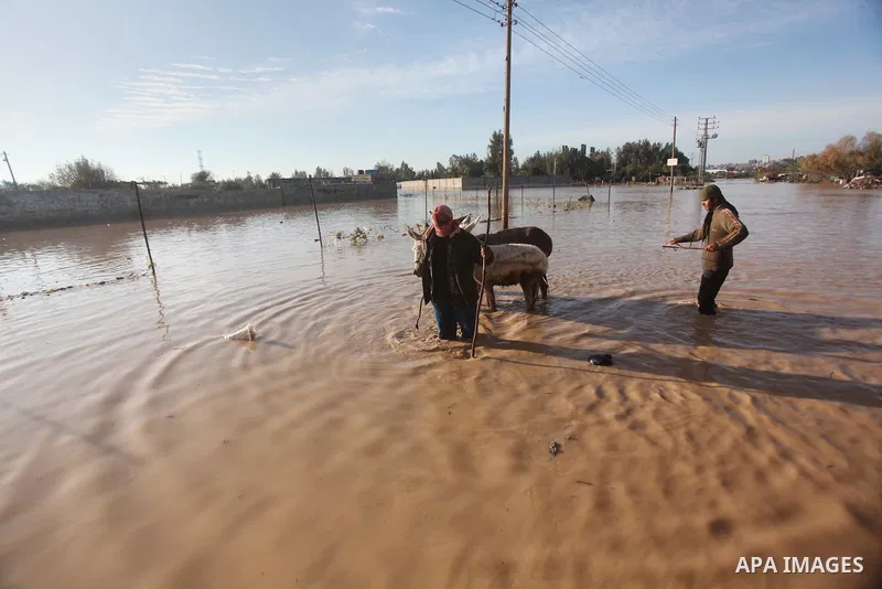 Palestinians ride donkey cart as they evacuate their animals in the village of Al-Moghraga after it was flooded by rain water, near central Gaza Strip February 22, 2015. Palestinian authorities said the Israeli army open...