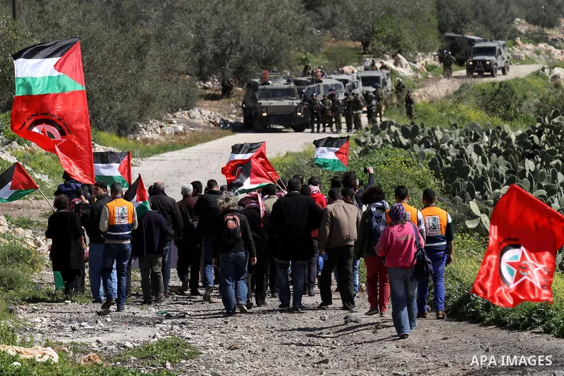Palestinian and foreign activists hold Palestinian flags during a protest in the West Bank village of Azzun, against the closure of the main road in the village, near the West Bank city of Qalqilya, February 26, 2015. Ph...