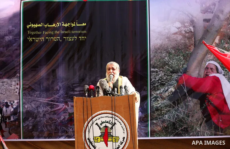 Senior Islamic Jihad leader Nafez Azzam gives a speech during a rally in support of Palestinian prisoners in Israeli jails, in Gaza city on February 27, 2015. Israel has enforced severe measures against the Palestinian I...