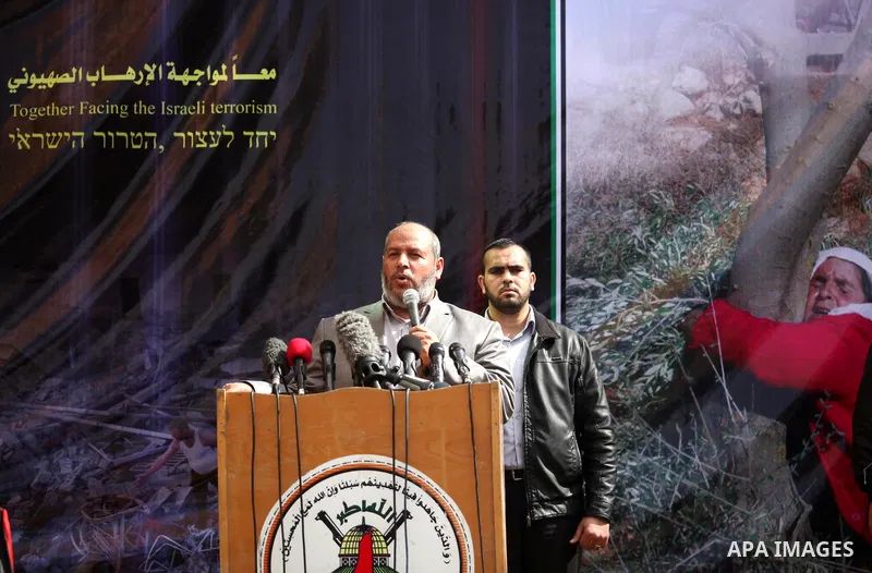 Senior Hamas leader Khalil al-Hayyah gives a speech during a rally in support of Palestinian prisoners in Israeli jails, in Gaza city on February 27, 2015. Israel has enforced severe measures against the Palestinian Isla...