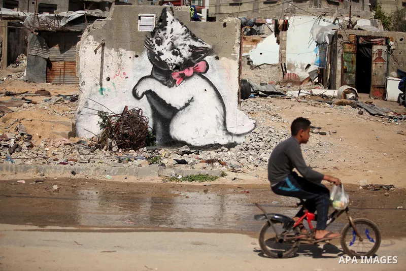 A Palestinians boy rides a bicycle in front of a mural of a kitten, said to have been painted by British street artist Banksy, on the remains of a house that was destroyed during the 50-day war between Israel and Hamas m...
