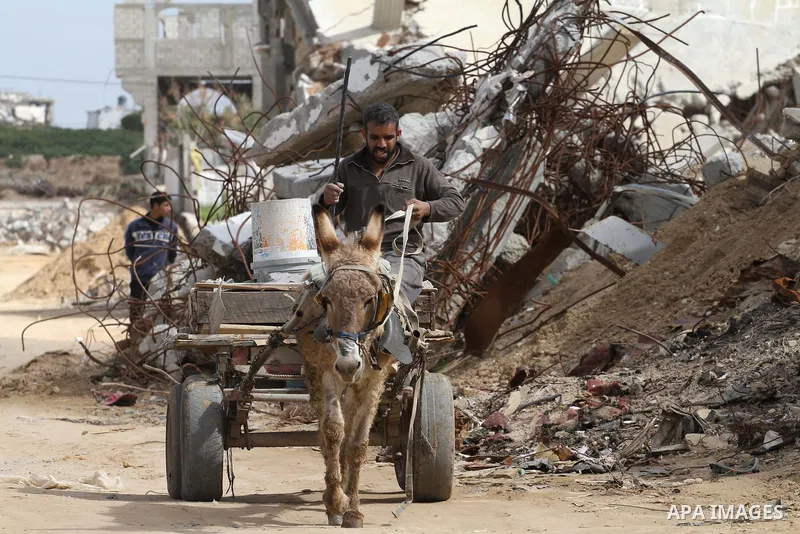 A Palestinian worker rides a donkey cart as he collects iron bars and stones from the rubbles of houses that witnesses said were destroyed by Israeli shelling during the most recent conflict between Israel and Hamas, to...